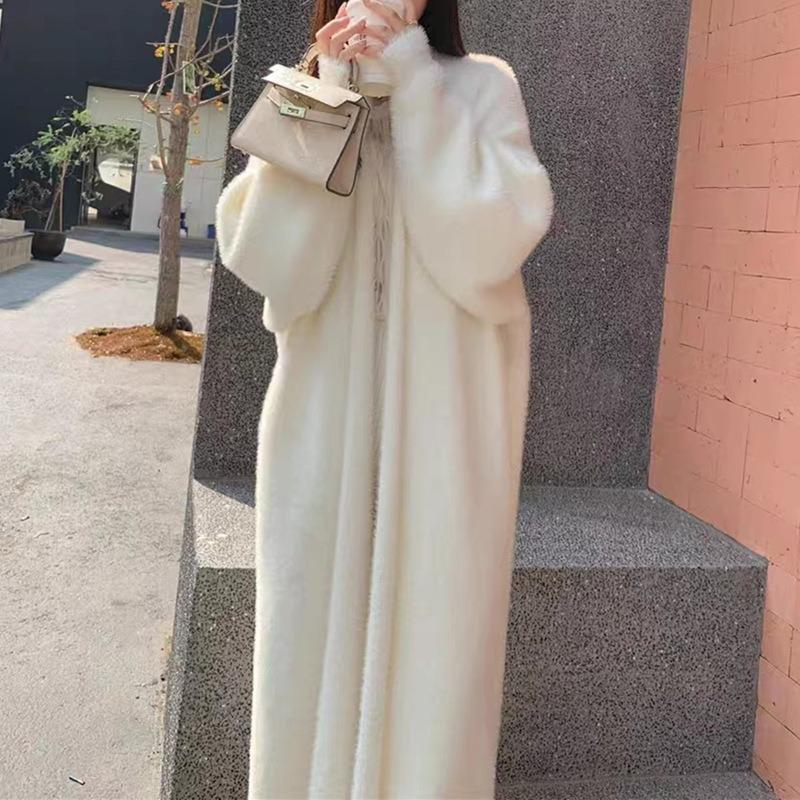 Long Cardigan for Women Autumn Winter Clothes Knitted Fluffy Long Sleeve Cashmere Sweater Coat Korean Style Warm Vintage