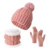 3Pcs/Set Winter Knitted Scarf Gloves Set Pom Pom Ball Fleece Lining Brimless Hat Touchscreen Gloves Neck Warmer Set