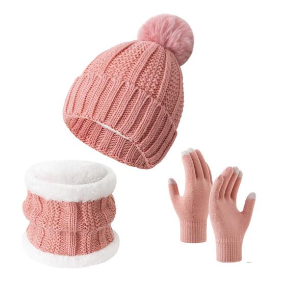3Pcs/Set Winter Knitted Scarf Gloves Set Pom Pom Ball Fleece Lining Brimless Hat Touchscreen Gloves Neck Warmer Set