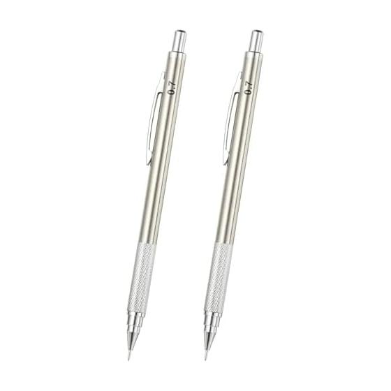 PATIKIL 2pcs 0.7mm Drafting Mechanical Pencil, Medium Point, Automatic Metal Holder for Drawing, Sketching, Woodworking, Silver