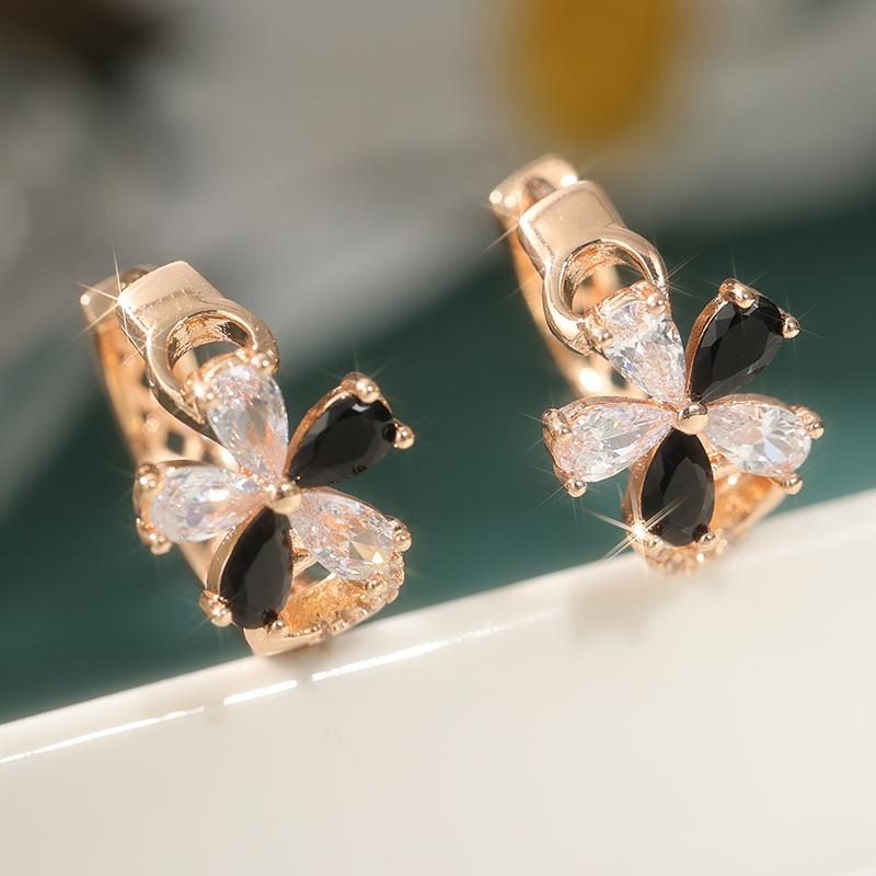 Luxury Black Synthetic Zirconia Golden Plated Hoop Earrings for Women Exquisite Wedding Flower Shape Jewelry Accessories