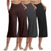 3 Pack Women Elastic High Waist 3/4 Pant Casual Active  Fit Wide Capris Leg Pants Trousers With Pockets