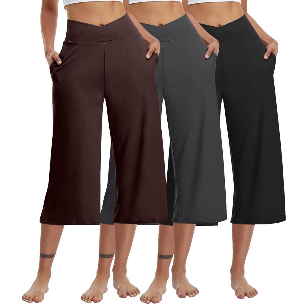 3 Pack Women Elastic High Waist 3/4 Pant Casual Active  Fit Wide Capris Leg Pants Trousers With Pockets