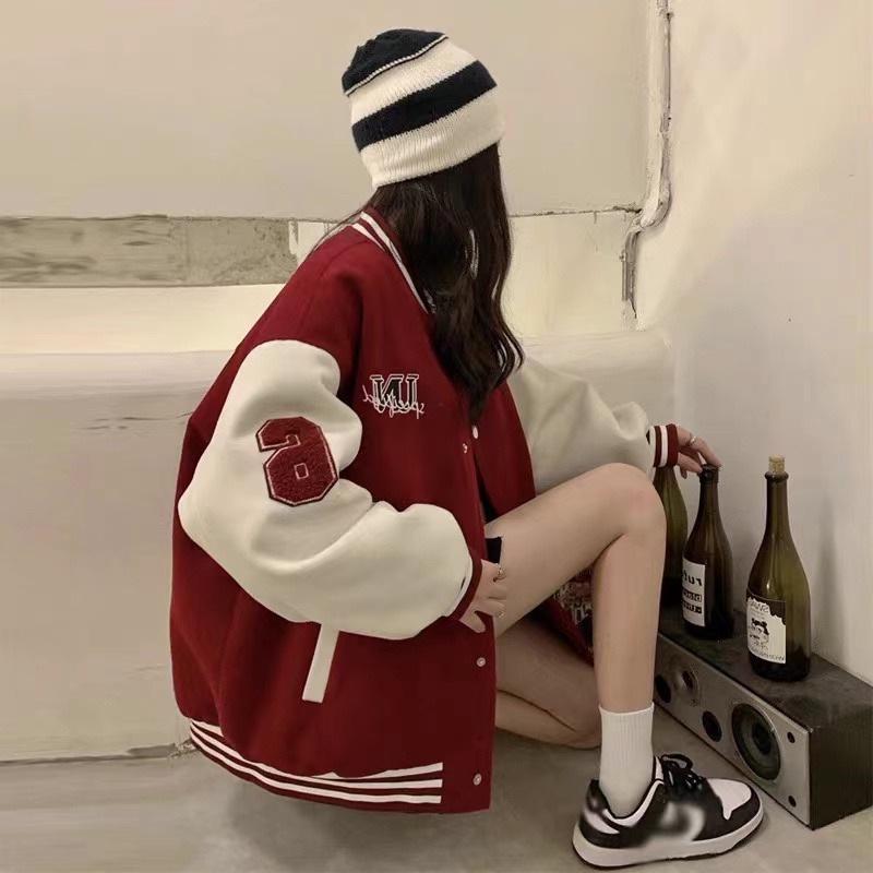 Women's Winter Trendy Korean Velvet Baseball Jacket with Embroidery