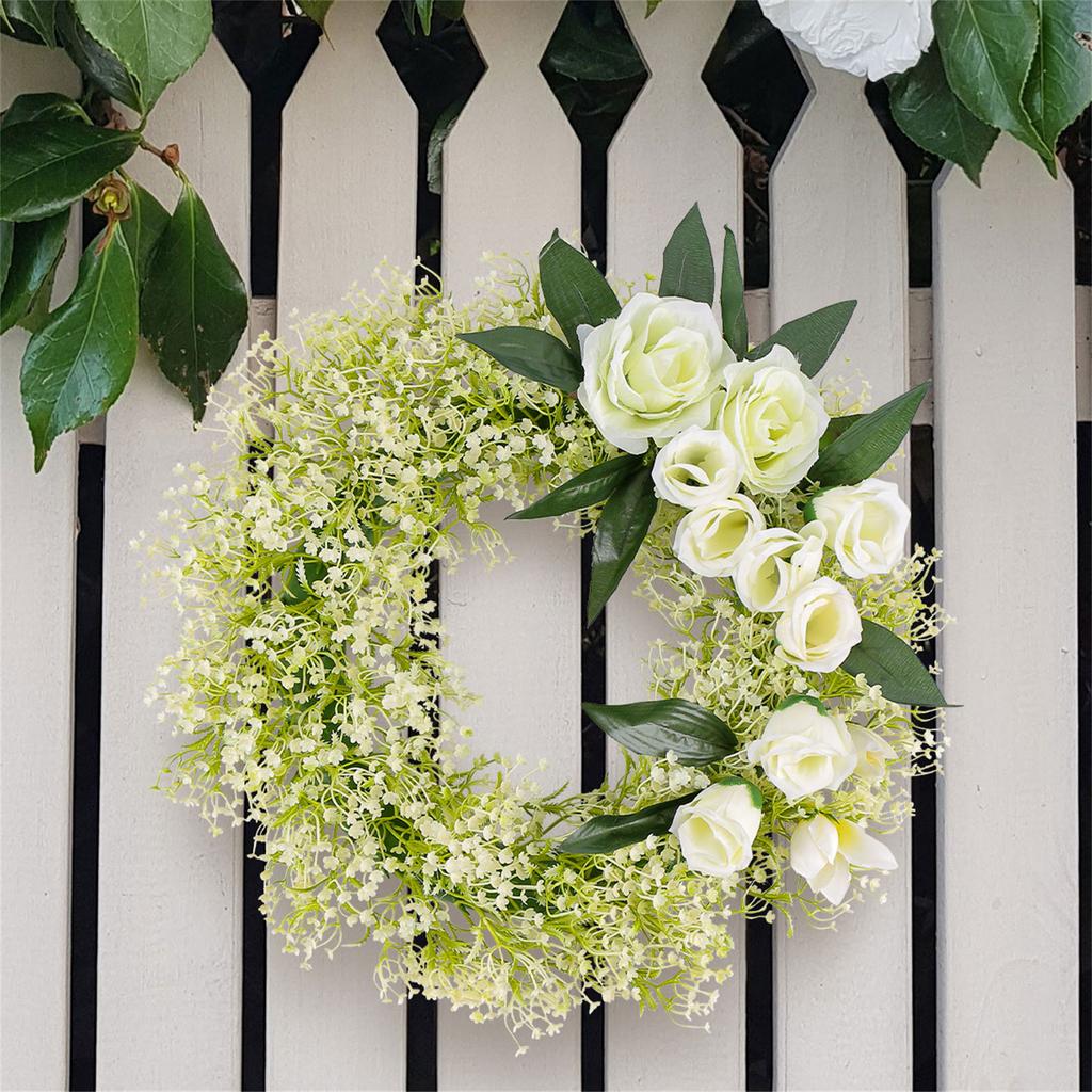 Artificial Spring Wreath White Rose Wreath Summer Wreath for Front Door, Wall, Wedding, Indoor and Outdoor Decorations