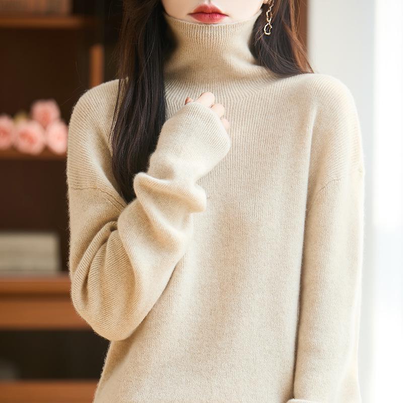 Women's High Neck Ribbed Wool Sweater - Loose Fit Plus Size, Autumn/Winter Knit Base Layer