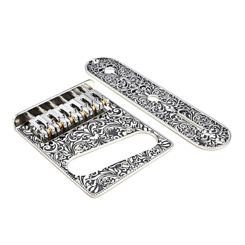 Vintage Carved Pattern Guitar Roller 6-Saddle Bridge and 3-Way Switch Control Plate Set for 6 String Electric Guitars