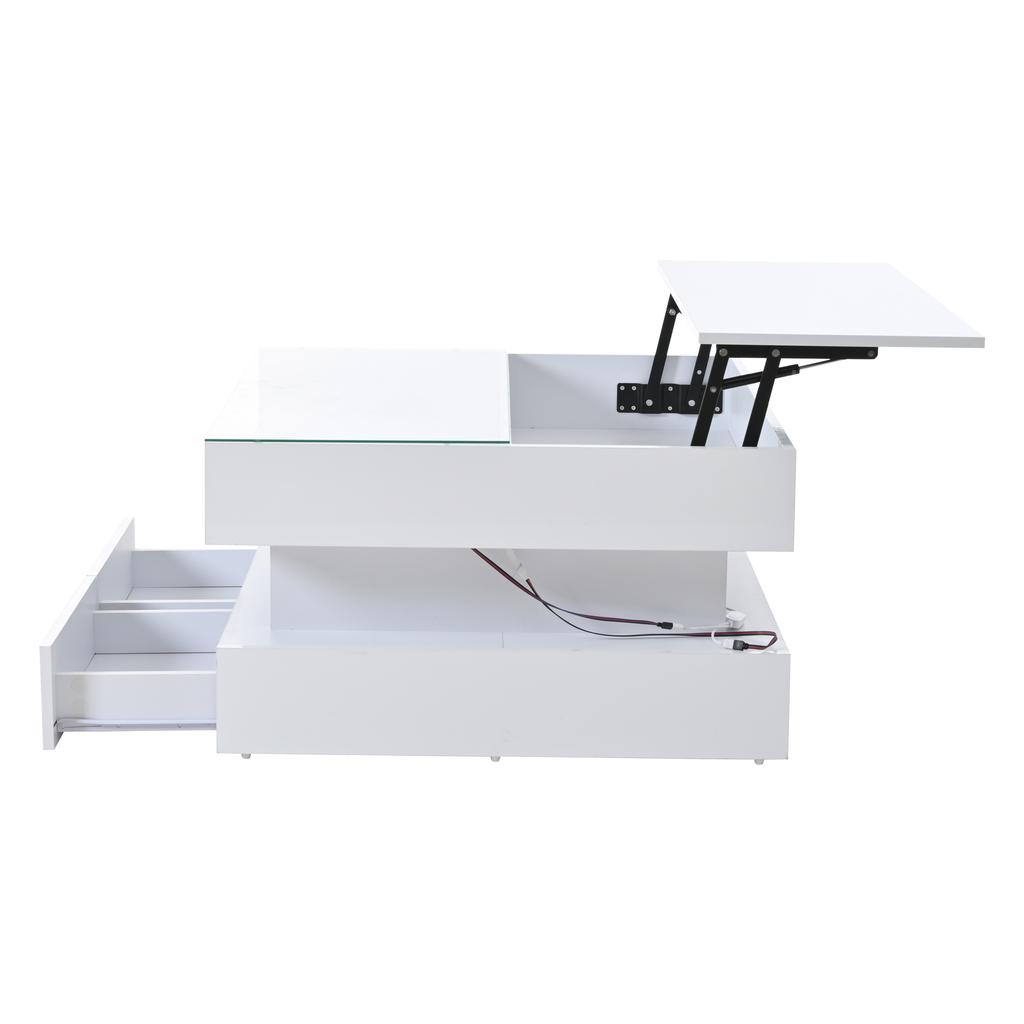 Mesa de centro regulable en altura de 80*80*45 cm con almacenamiento oculto y 2 cajones, luces LED, alto brillo, hecha de vidrio templado, blanca