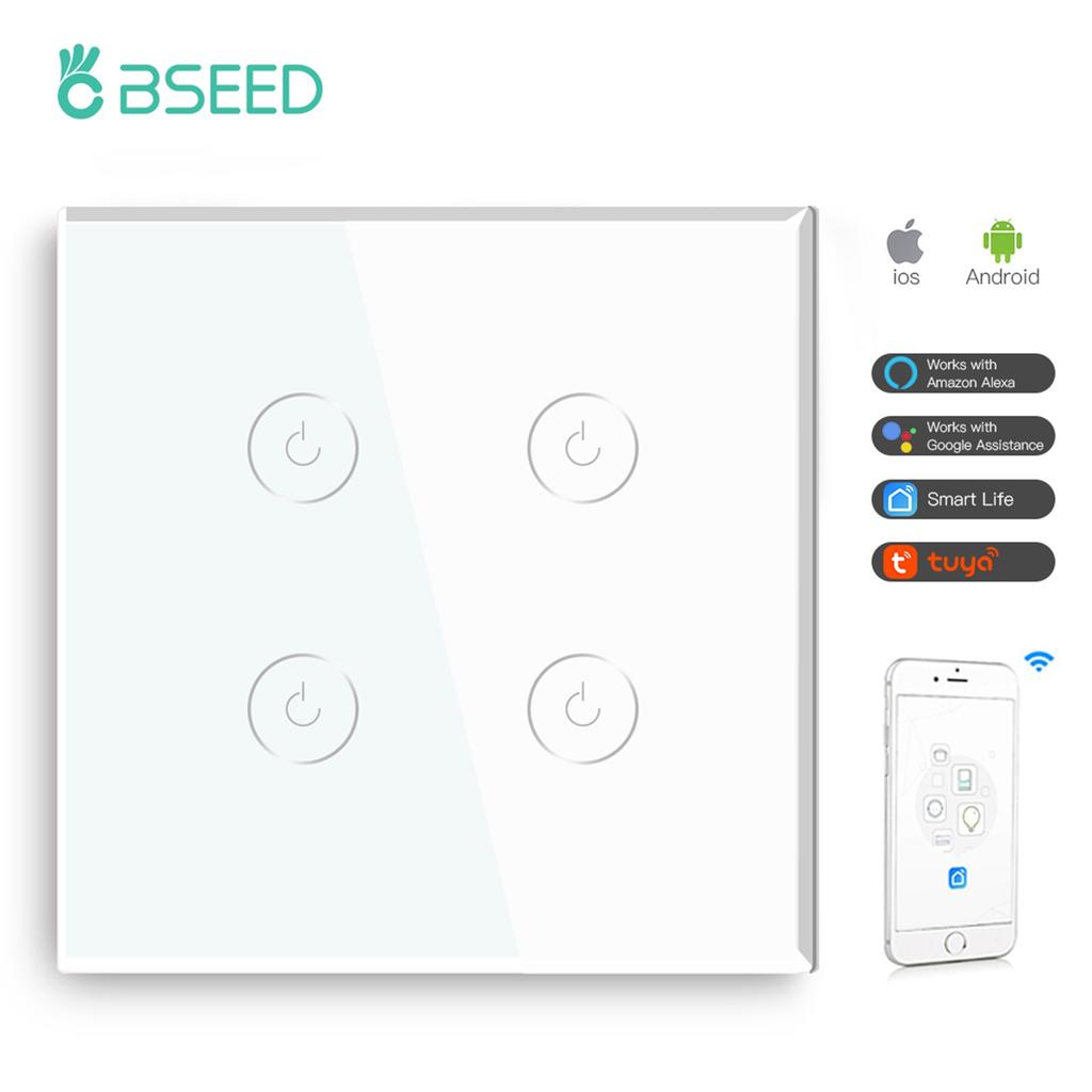 BSEED Wifi 1/2/3 Gang 1 Way Smart Switch LED Buttons Glass Panel Smart Switch Work With Tuya Google Home EU Touch Switch 600W