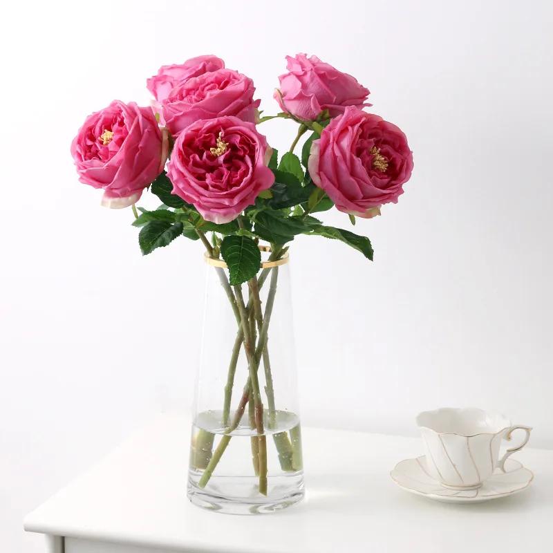 1pcs/lot True Touch Artificial Tea Rose Branch Wedding Floral Simulation Flowers Latex Austin Roses Fake Flower Hotel Decoration