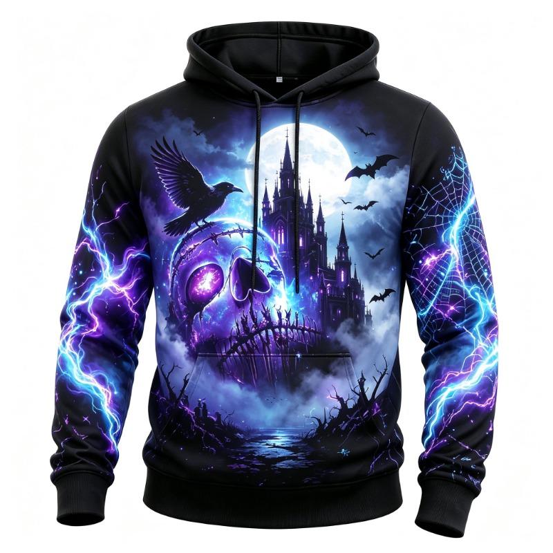 Men's Burning Flame Ruins Skull Raven Full Print Hoodie Halloween Gothic Long Sleeve Hooded Sweatshirt For Streetwear