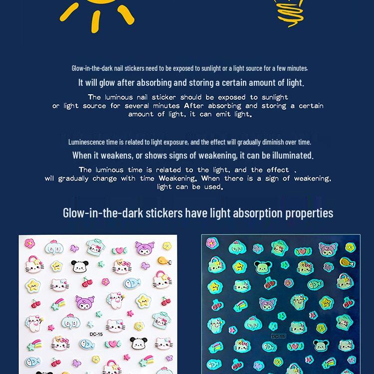 Glow-in-the-Dark 5D Embossed Nail Stickers for Girls - Waterproof, 3D Princess Design