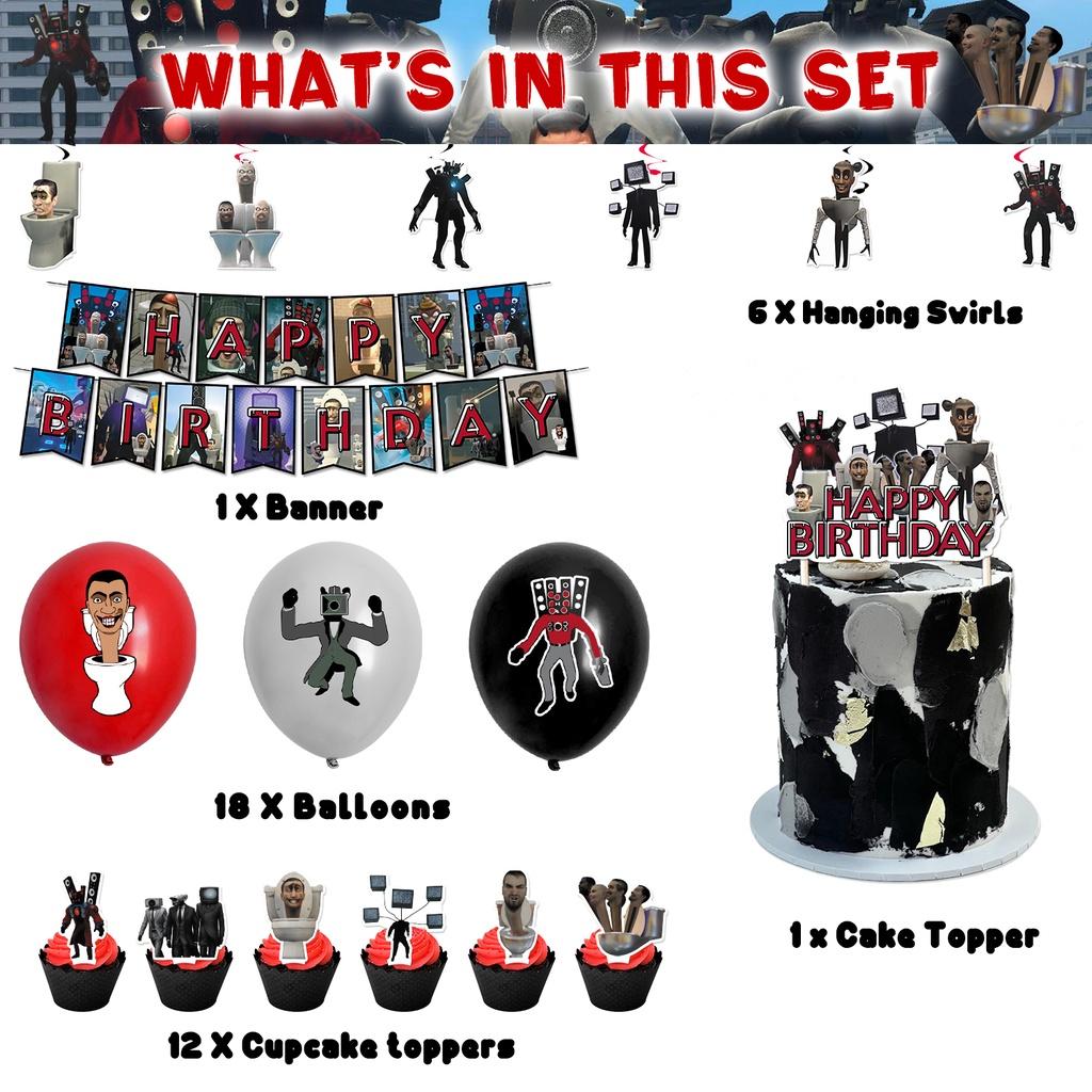 Skibidi Toilet Theme Birthday Party Decoration Kit Monster Birthday Cake Topper Paper Flag Balloons And More!