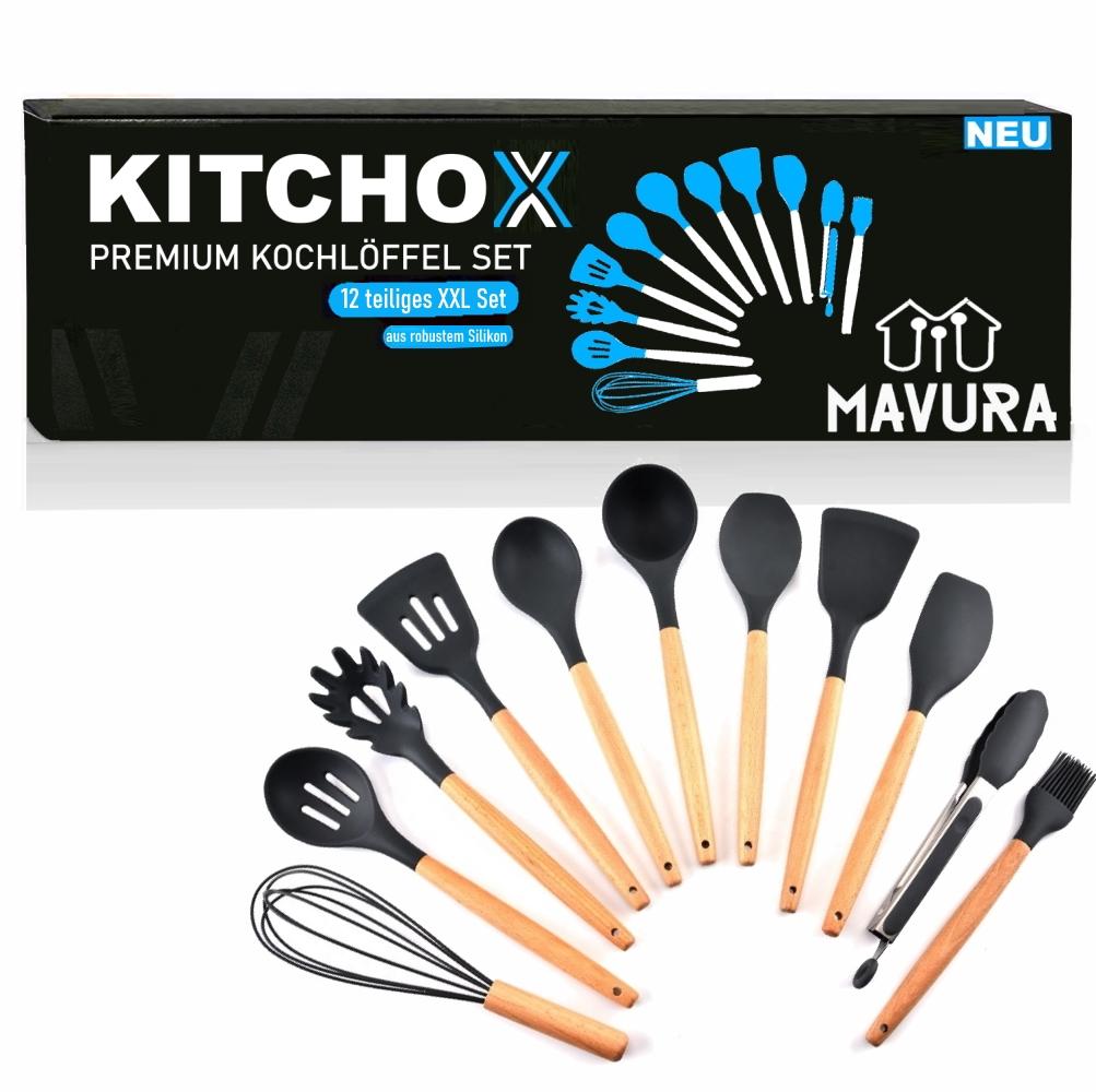 

KITCHOX Küchenutensilien Set Holz Silikon Koch Besteck Löffel Helfer [12teilig]