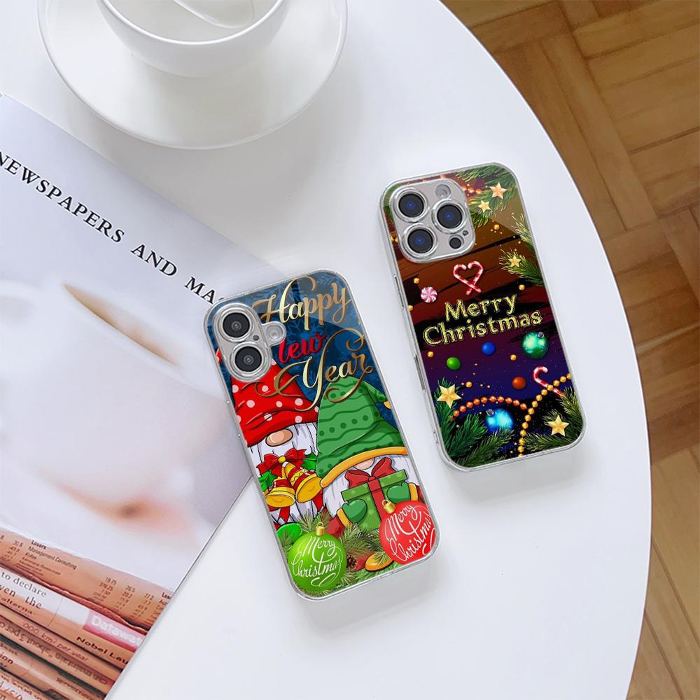 Ae119 Merry Christmas Santa Art Design Electroplated Glass Phone Cases for SamsungS25 Ultra iPhone 16 Pro Xiaomi Redmi Lens Full Protection Back Cover
