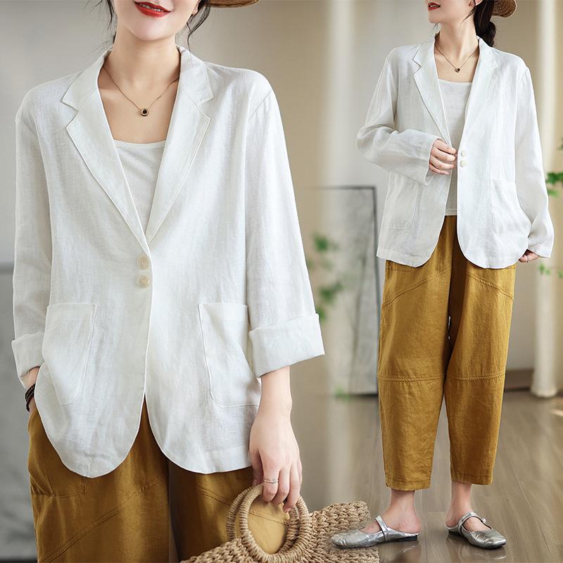 2024 Autumn Women's Cotton Linen Long Sleeve Jacket - Japanese Literary Style
