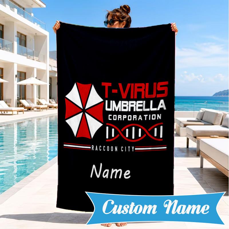 Custom Name Resident Umbrella Corporation Beach Towel Microfiber Beach Towel, Lightweight and Quick-Dry, for Summer Travel, Swimming Pool Gift