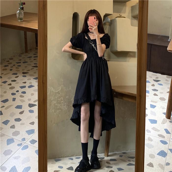 Summer new French Hepburn style niche front short rear long retro design small black dress short-sleeved dress