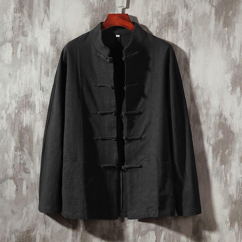 Men's Chinese Style Buttoned Cotton-Linen Stand Collar Shirt, Retro Long-Sleeve Top for Spring and Autumn