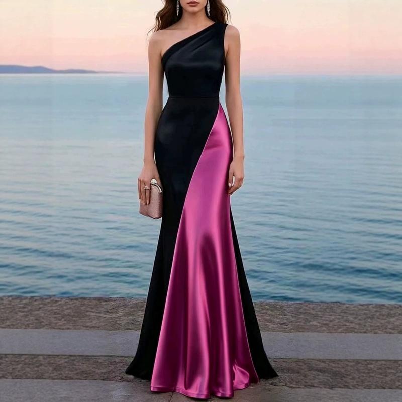 Women's One Shoulder Mermaid Maxi Dress Color Block Fishtail Elegant Evening Party Gown
