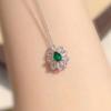 Silver Plated Flower-Shaped Emerald Green CZ Pendant Necklace, Sparkling Teardrop Halo Cable Chain Necklace for Women