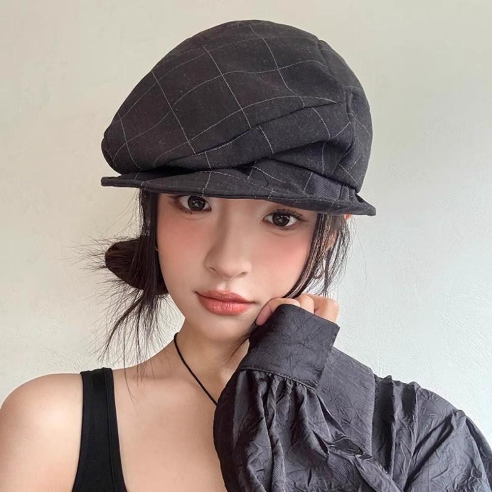Vintage Octagonal Cap Newsboy Peaked Hat Korean Plaid Beret  Women