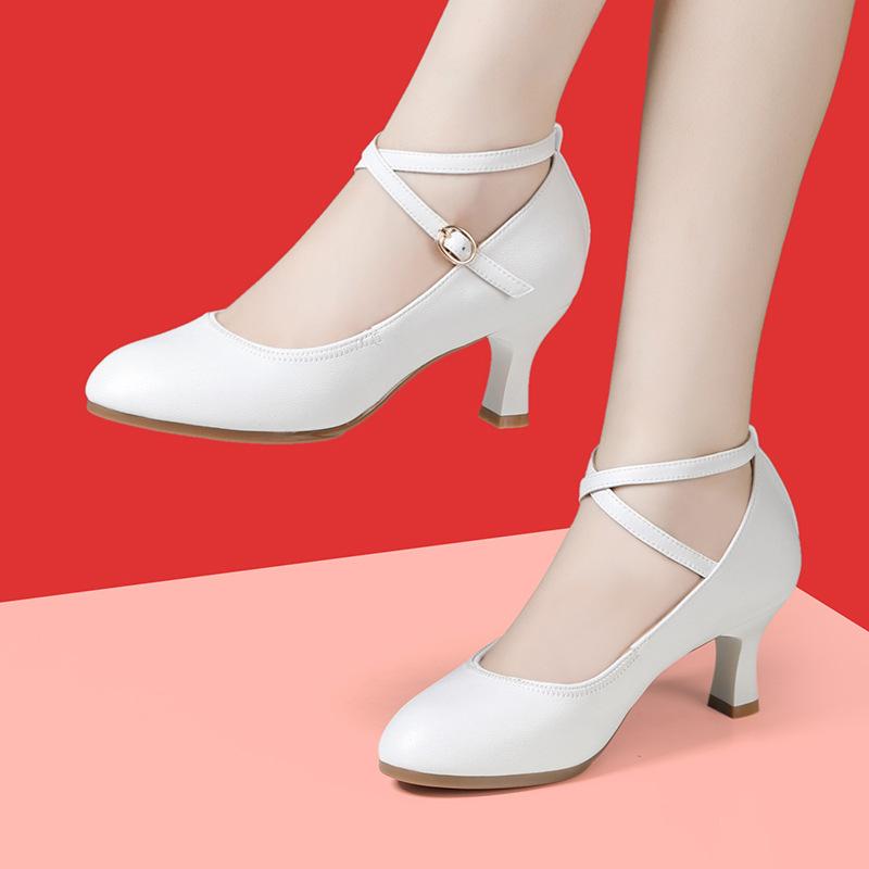 

5.5cm 6cm Elegant Comfortable Ankle Bandage Med Block Heels Shoes Women Spring 2025 Soft Leather Shoes for Office Dance Work 34