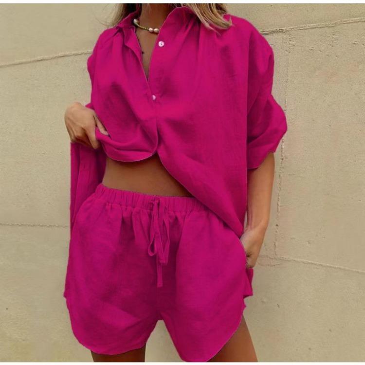 Summer Women Fashion Two Piece Set Casual Loose Button Tops with Drawstring Shorts Solid Color Home Suits Short Sleeve Outfit
