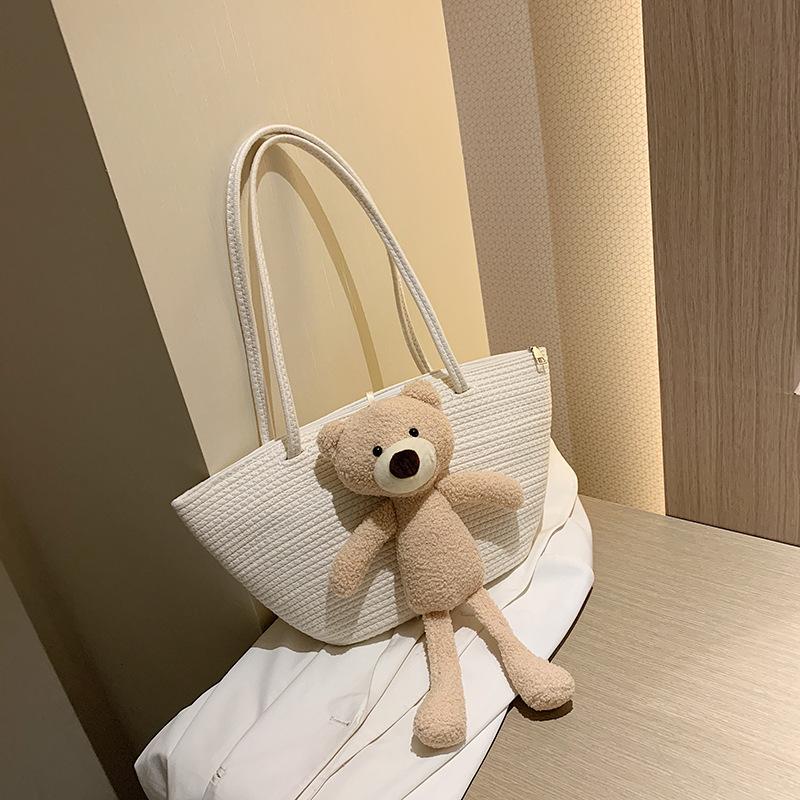 Woven Bag Large Capacity Ethnic Style Plush Bear Cute Straw Bag Shoulder Bag Travel Beach Bag