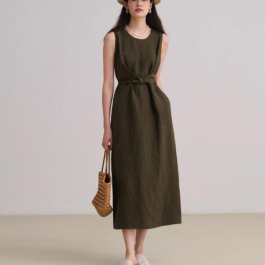 

Johnature Женское летнее платье без рукавов А-силуэта Niche O-образный вырез Модное однотонное платье L зелёный