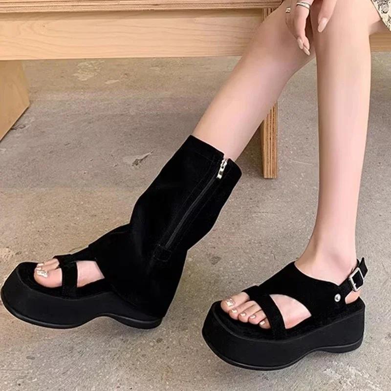 

Модные сандалии на платформе для женщин, дизайнерские сапоги до середины икры, крутые сандалии, женская обувь, лето 2025, новый бренд, панк, молния, сандалии для женщин 35