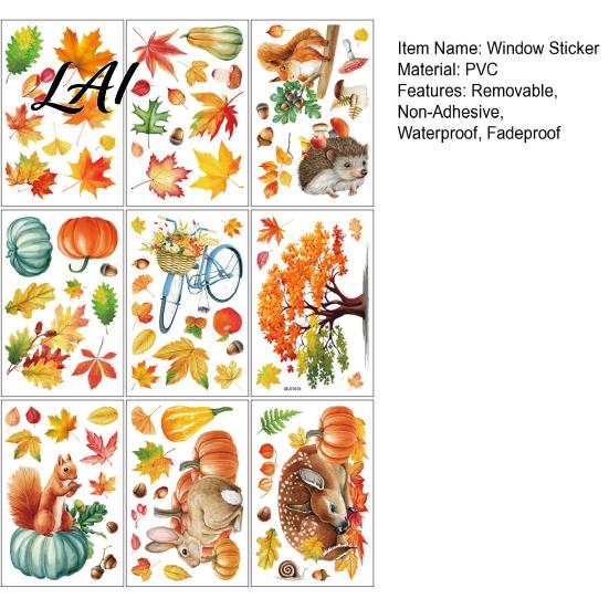 Decorative Fall Window Scenes for School 9PCS Autumn Forest Animal Clings Thanksgiving Maple Leaf Pumpkin Stickers Art Balcony Removable Decals Home