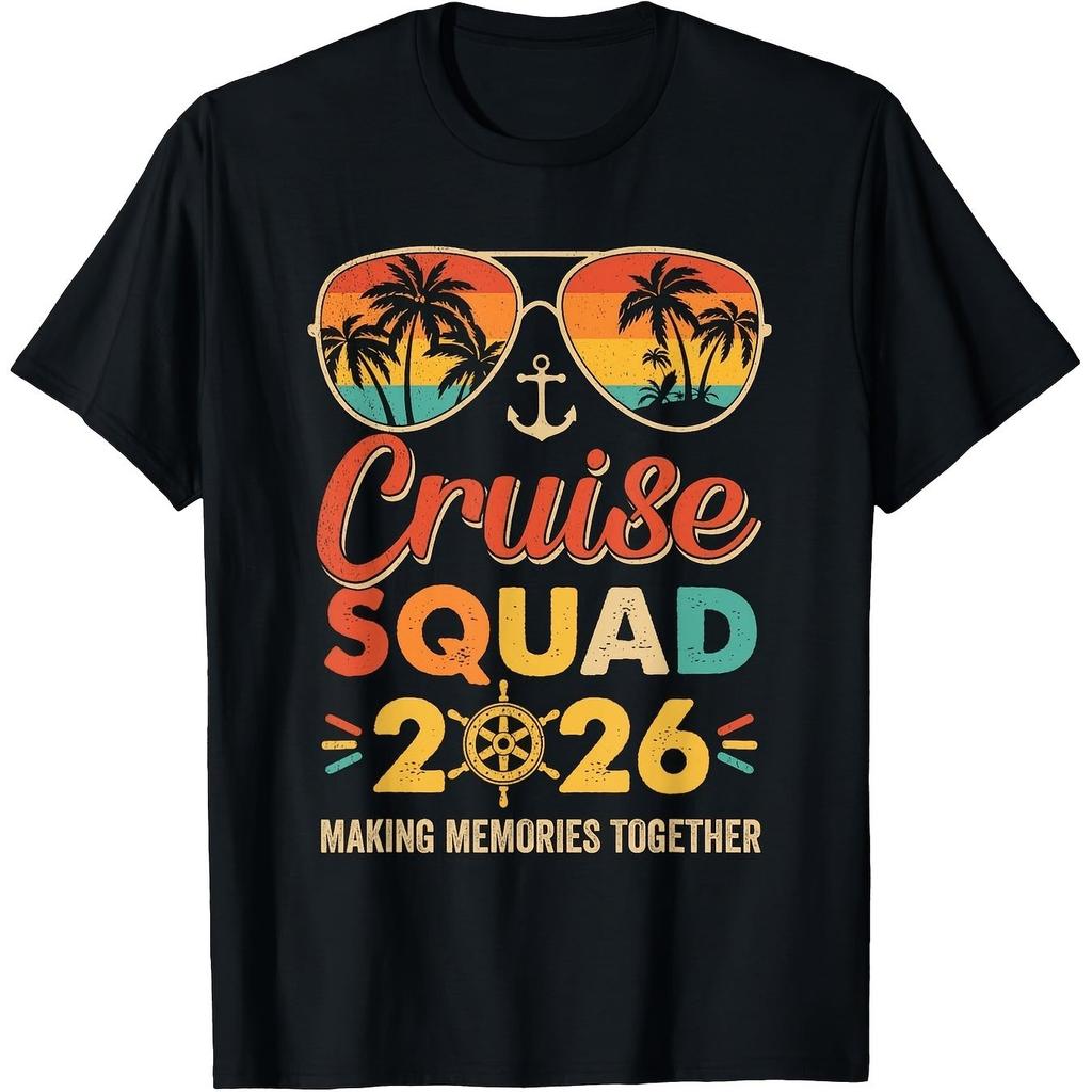 Cruise Squad 2026 Graphic Tee Retro Sunset Beach Print Vacation Crew Neck Tshirt For Men