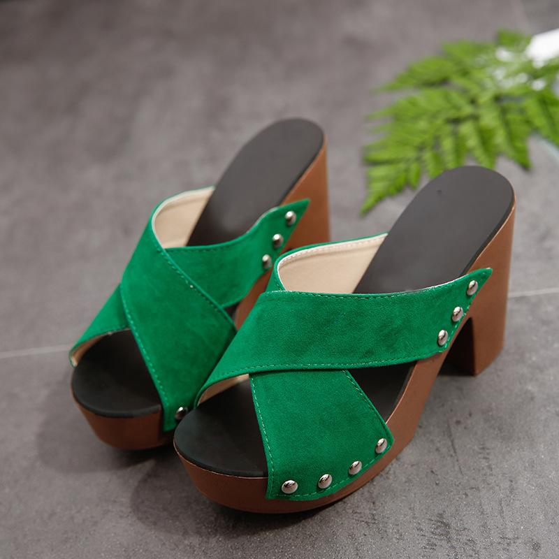 New Korean Version Open-toed Thick-soled Sandals Thick-heeled Waterproof Table Slippers Women's Cross-strap High-heeled Large-size Women's Shoes
