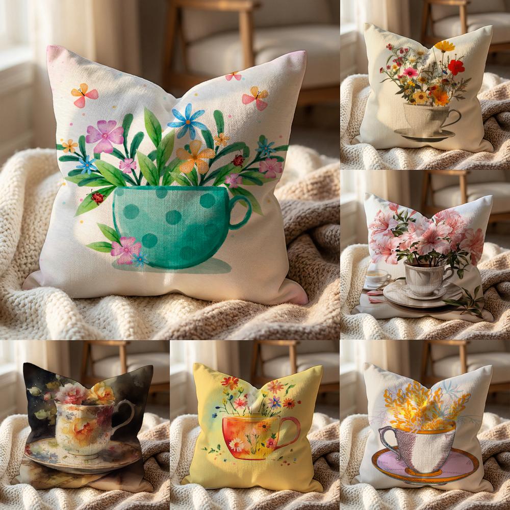 Painting Cup of Flowers Cushion Cover Multi-Scene Pillow Cover for Home & Car - Reversible, Soft & Durable for Daily Use