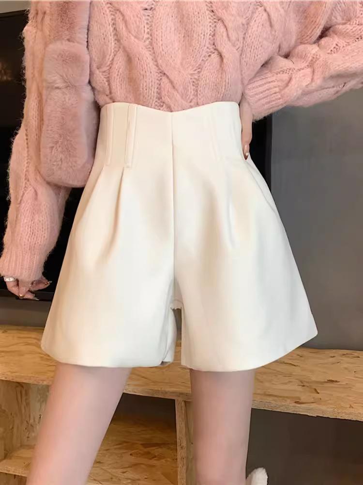 Women's High Waist Woolen Shorts: Autumn & Winter Slimming Casual Wide-Leg Pants In Black