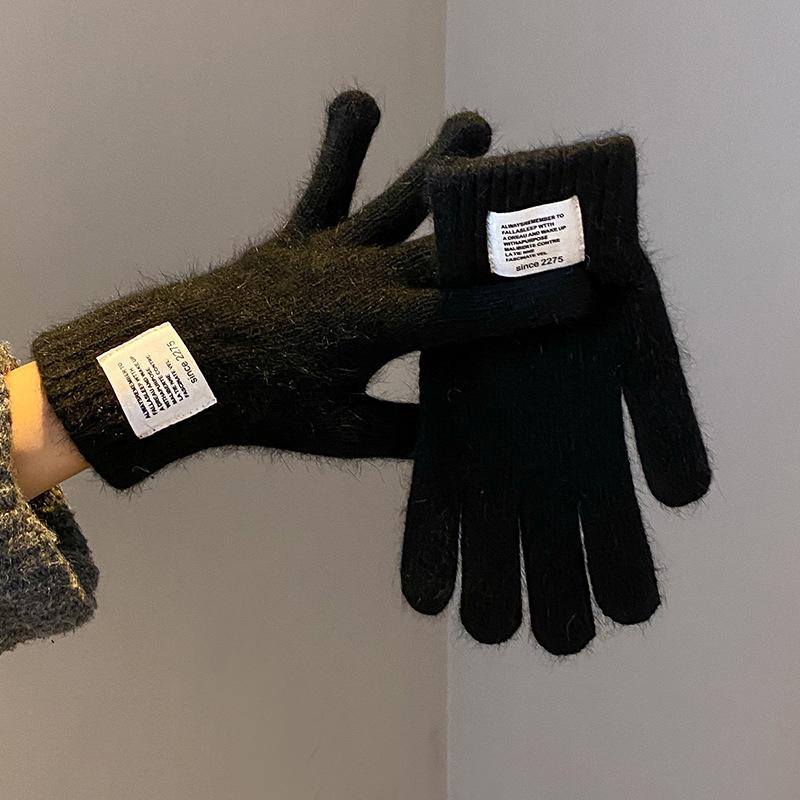 Women Gloves Knitted Solid Autumn Winter Hand Warm Thicken Short Wrist Female Full Fingered Mittens Winter Riding Skiing Mittens