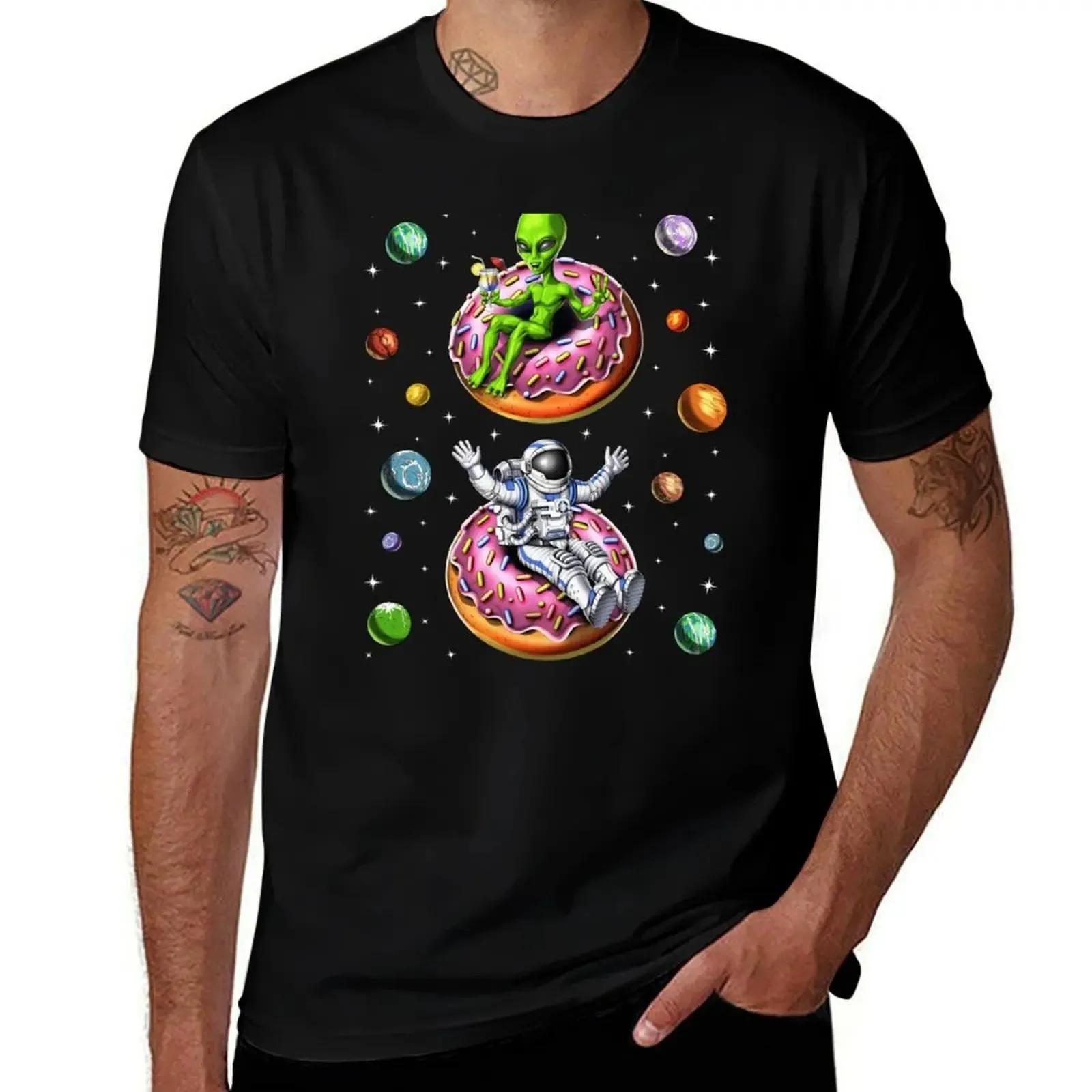 Astronaut Alien Riding Donut T-Shirt Men Summer Space Graphic Tee Breathable Crew Neck S