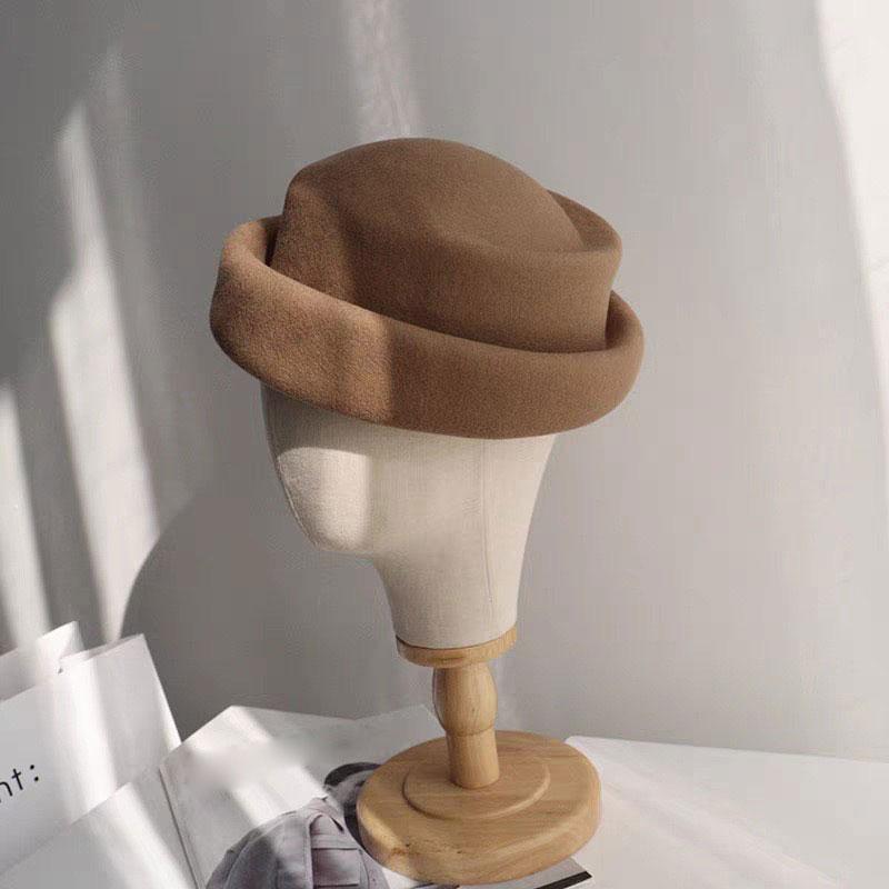 2026 New Autumn Winter Wool Retro Rolled Edge Beret Japanese Style Women's Fedora Hat French Elegant Wedding Church Pillbox Hat