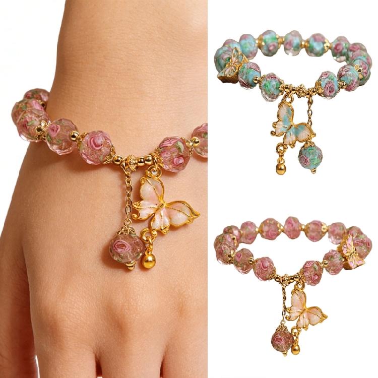 Glass Bead Butterfly Pendant Bracelet Rose Garden Design Offering Comfortable Beads Bracelet for Special Occasions