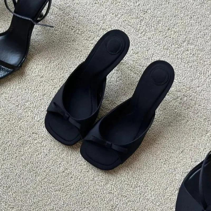 Fashion Slipper Mules Low High Heels Shoes 2024 Summer Best Street Look Females Square Head Open Toe Bow Strappy Sandals Women