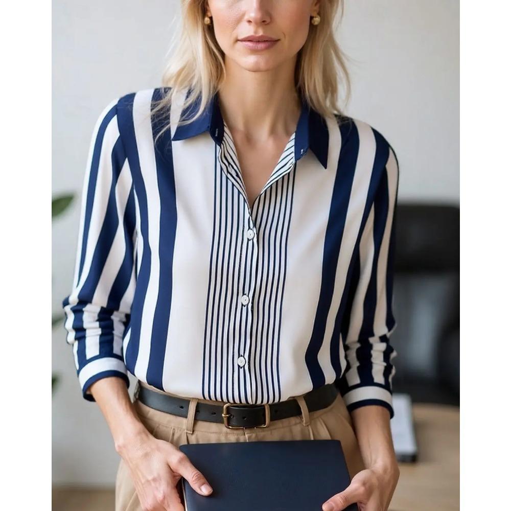 Autumn Women's Blouse Tops Color Block Striped Elegant Stylish Long Sleeve Shirt Collar Regular Tops Work Buttons Print Shirts