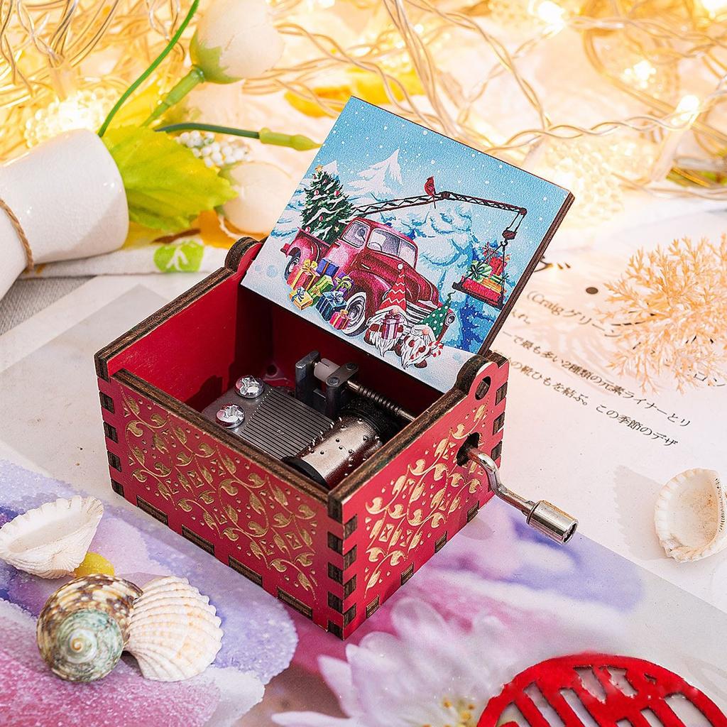 Hand Cranked Wooden Music Box Merry Christmas Music Box Christmas Office Home Decoration Ornaments Gifts Birthday Present