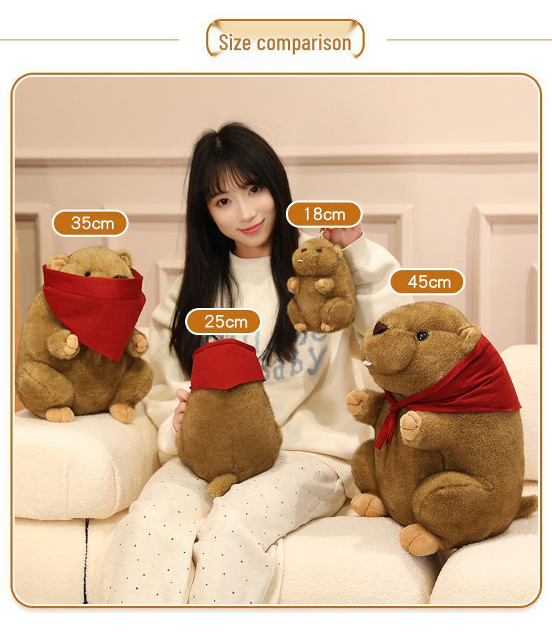 Red Scarf Marmot Plush Toy - Cute Mouse Figurine & Realistic Beaver with Big Incisors, Perfect Kids' Birthday Gift