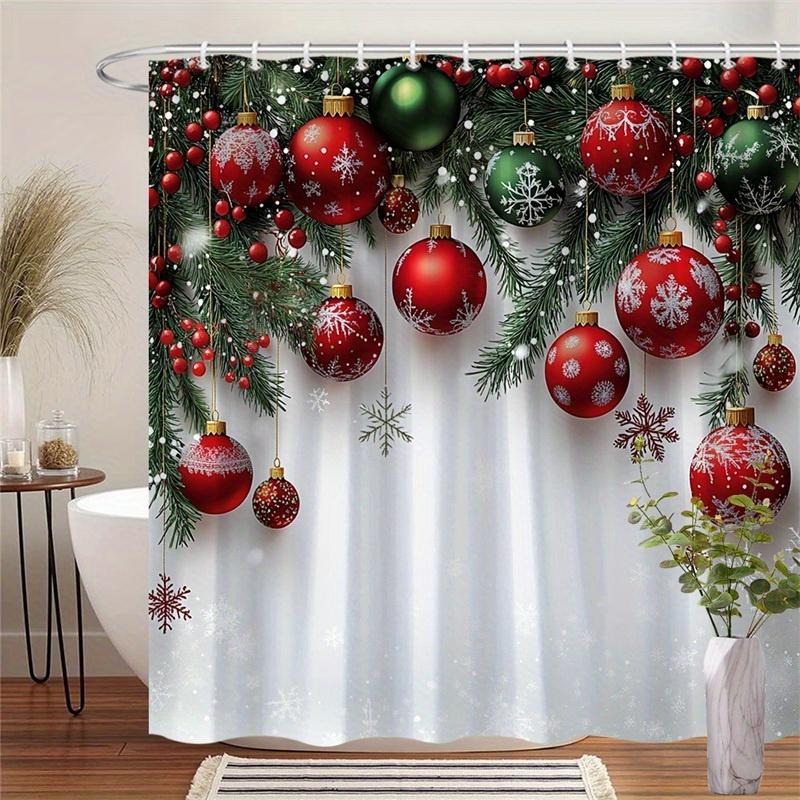 

Christmas Ornaments Shower Curtain - Red Green Balls, Pine Branches & Snowflakes For Festive Bathroom Decor W60H190(CM)-1 Pcs