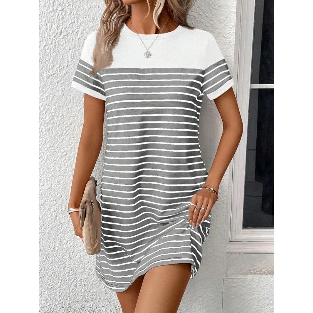Women s Fashion Geometric Pattern Print Summer Spring Short Sleeve O-Neck Casual Dresses XS серый