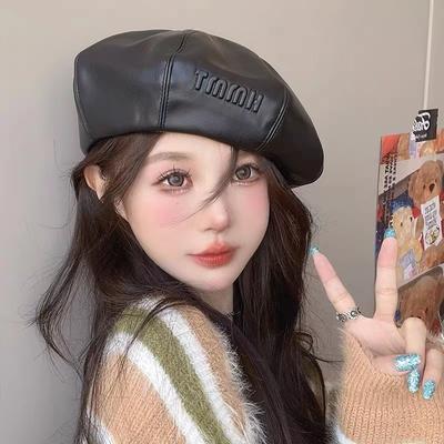 Korean PU Leather Beret Women's Hat Spring and Autumn British Versatile Literary and Artistic Painter Hat Hong Kong Style Pumpkin Hat Octagonal Hat