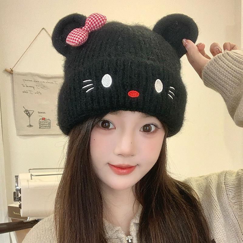 Cute cat wool hat containing wool hat autumn and winter thickened warm knitted hat sweet ear protector headgear cold hat