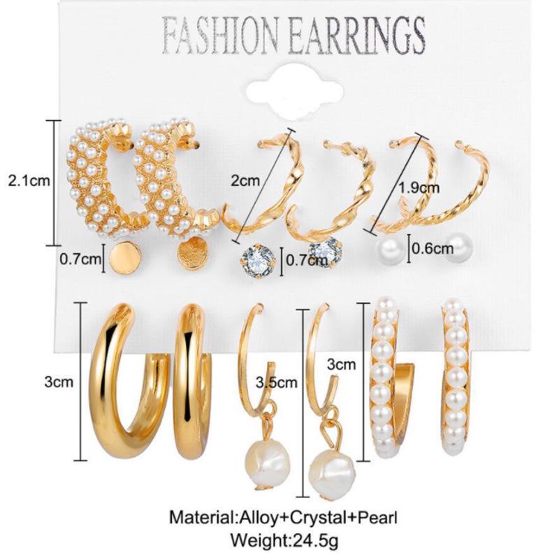 European & American Retro Pearl-Set: Creative French Gold Earrings, 6-Piece Set.