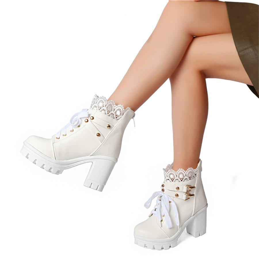 FOREADA Women Ankle Boots Round Toe Thick High Heels Rivets Zipper Lace-up Platform Lace Short Boots Ladies Fashion Shoes Autumn Winter